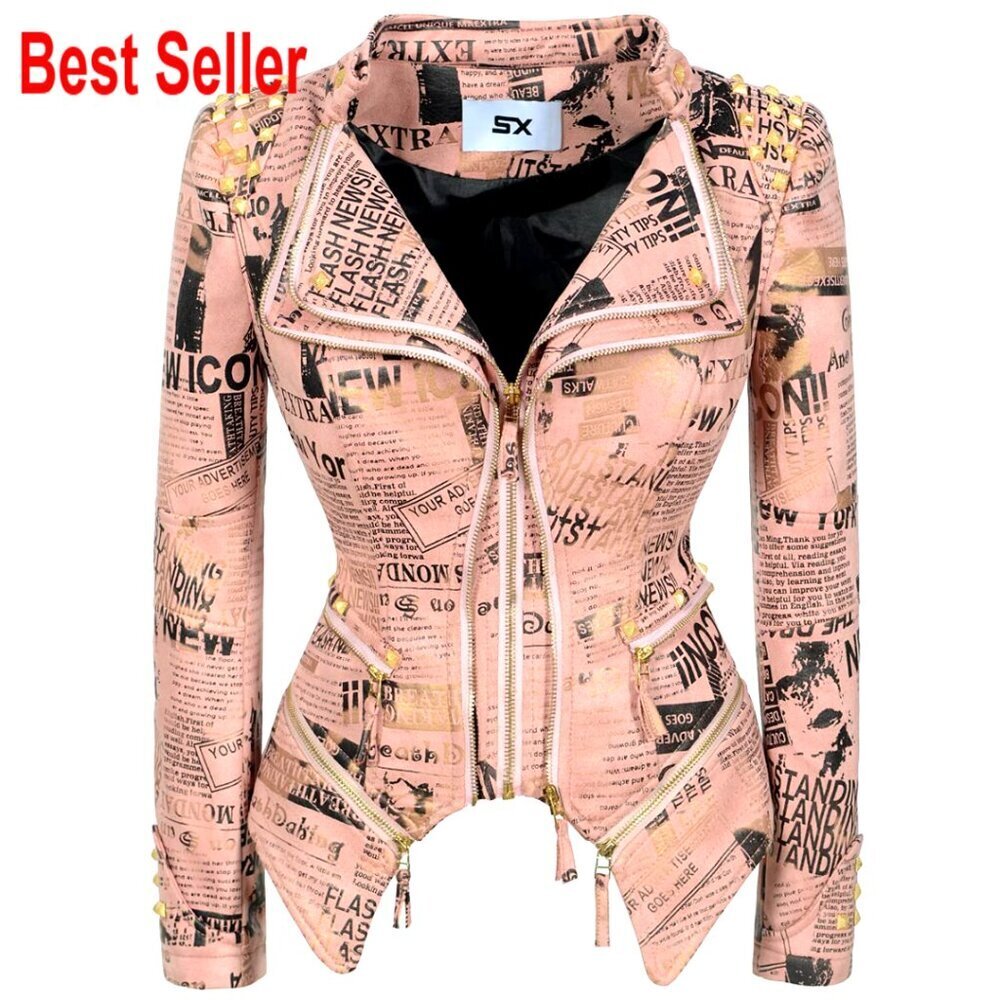 Women's Faux Leather Biker Jacket with Studded Details and Removable Belt